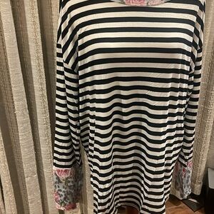 Plus Size HONEYME Black and White Striped Top with floral accents